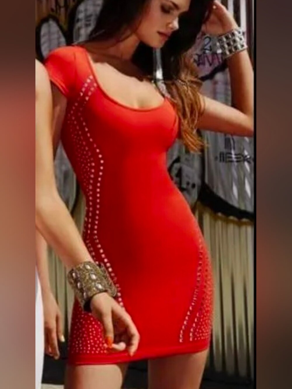 Bebe Red Studded Mesh Inset Bodycon Dress